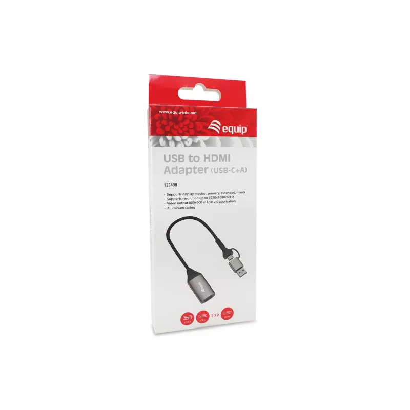 Adaptador USB a HDMI EQUIP 133498 (conector USB-C y USB-A a HDMI, 1080p, carcasa de aluminio, gris)