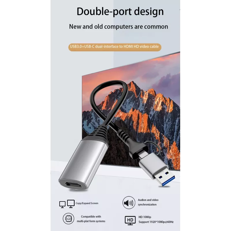 Adaptador USB a HDMI EQUIP 133498 (conector USB-C y USB-A a HDMI, 1080p, carcasa de aluminio, gris)