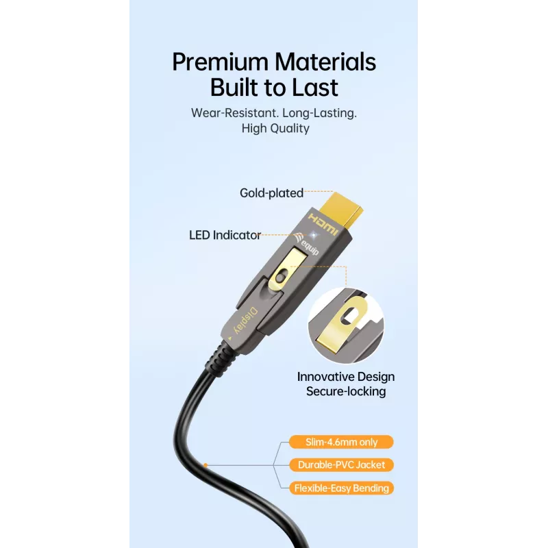 Cable óptico activo HDMI 2.0 EQUIP 20 m, Type-A/Type-D desmontables, 4K/60Hz, 18 Gbit/s, contactos dorados
