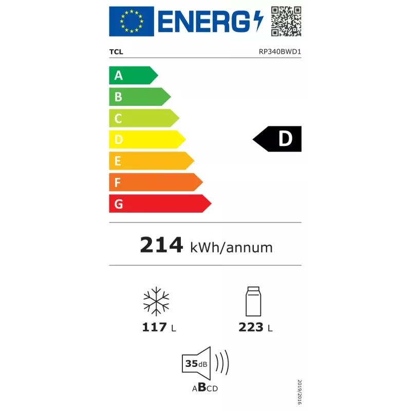 Frigorífico TCL RP340BWD1 — combi independiente, No Frost, 223 L frigorífico / 117 L congelador, 185 cm, clase energética D, pantalla, 35 dB, blanco
