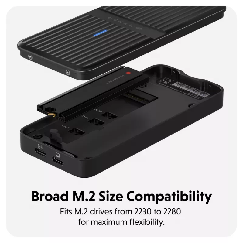 Caja para SSD Hyper HD2500GL para SSD M.2 PCIe (USB4 Gen4, USB‑C) Negra