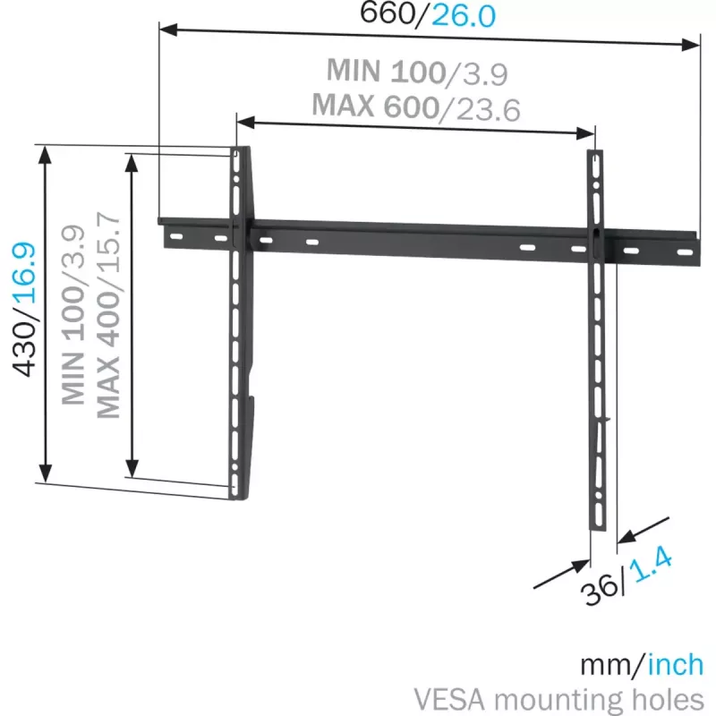 Soporte de pared Vogel's MNT 300 para pantallas planas de hasta 2,03 m (80 pulgadas), capacidad de carga 100 kg, VESA 100x100–600x400, Negro