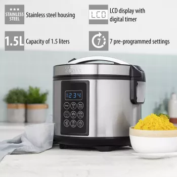 Olla multifunción Tristar RK-6132 — 1,5 L, 500 W, 7 programas automáticos, LCD, Acero inoxidable/Negro