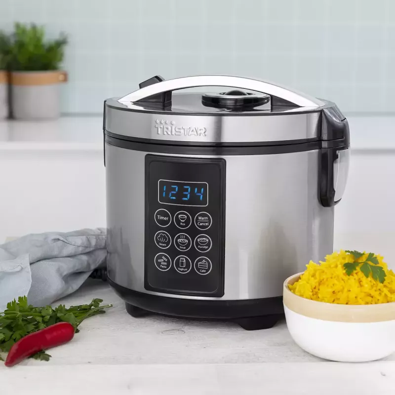 Olla multifunción Tristar RK-6132 — 1,5 L, 500 W, 7 programas automáticos, LCD, Acero inoxidable/Negro