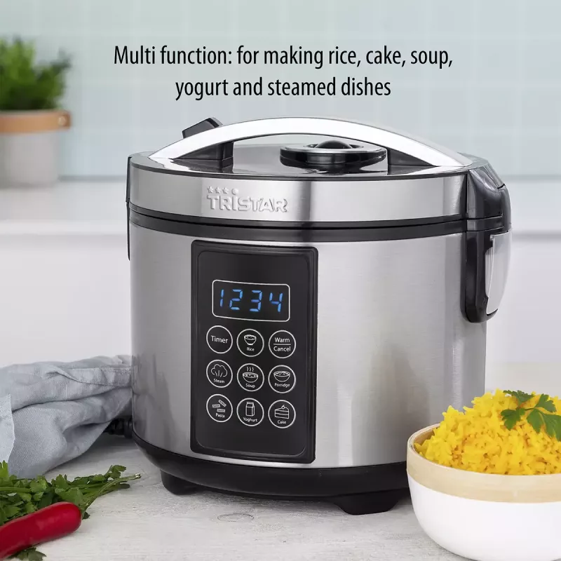 Olla multifunción Tristar RK-6132 — 1,5 L, 500 W, 7 programas automáticos, LCD, Acero inoxidable/Negro