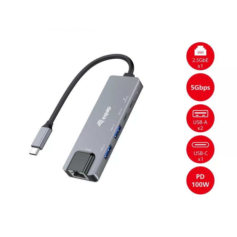 Adaptador multifunción 5 en 1 Equip, 2,5GbE, USB-A x 2, USB-C x 1, USB-C, 100W USB PD