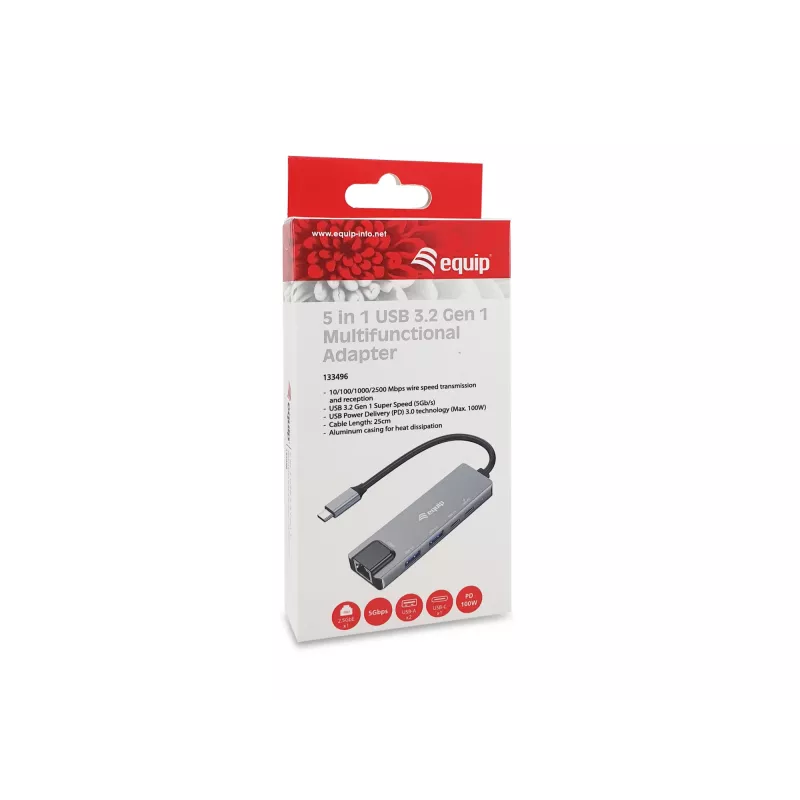 Adaptador multifunción 5 en 1 Equip, 2,5GbE, USB-A x 2, USB-C x 1, USB-C, 100W USB PD