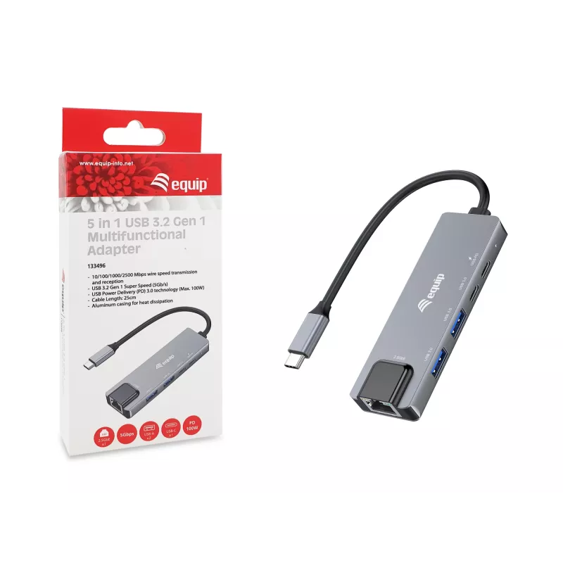 Adaptador multifunción 5 en 1 Equip, 2,5GbE, USB-A x 2, USB-C x 1, USB-C, 100W USB PD