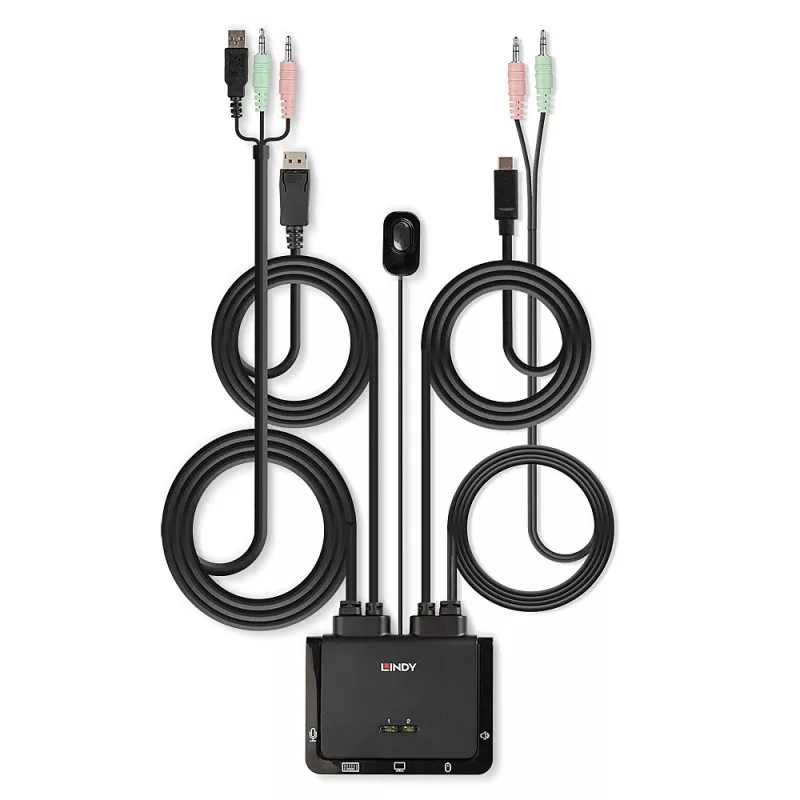 Lindy conmutador KVM de 2 puertos DisplayPort 1.2, USB Type-C, USB 2.0 y audio