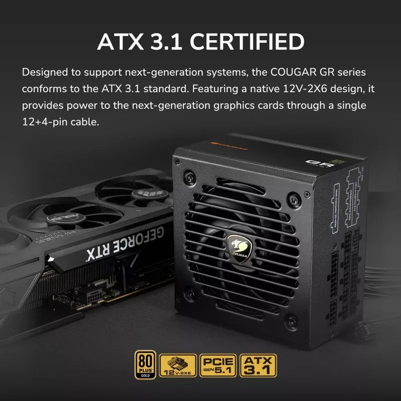 Fuente de alimentación Cougar GR 850W ATX3.1 PCIe 5.1 80 PLUS Gold, 850 W, 20+4-Pin ATX, ventilador de 120 mm, negro