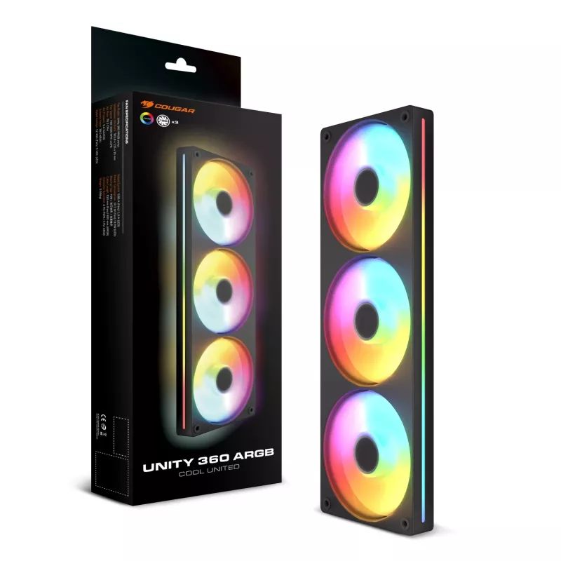 Cougar Unity360-FB Single-Frame 360 ARGB PWM Forward, 120mm×3, 700–2500 RPM, FDB, 5.4 mmH2O, negro