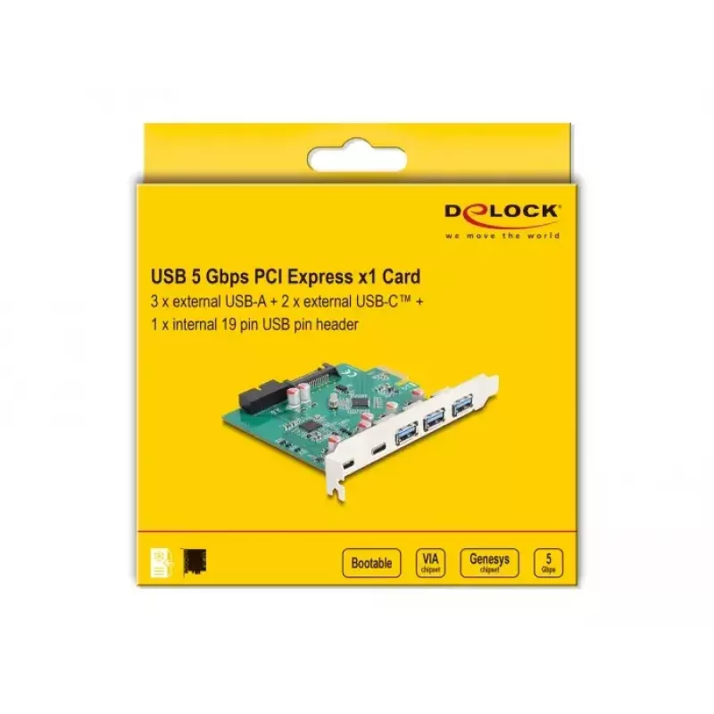 Tarjeta PCI Express x1 DeLOCK USB 5 Gbps 3x Type-A 2x Type-C 1x header