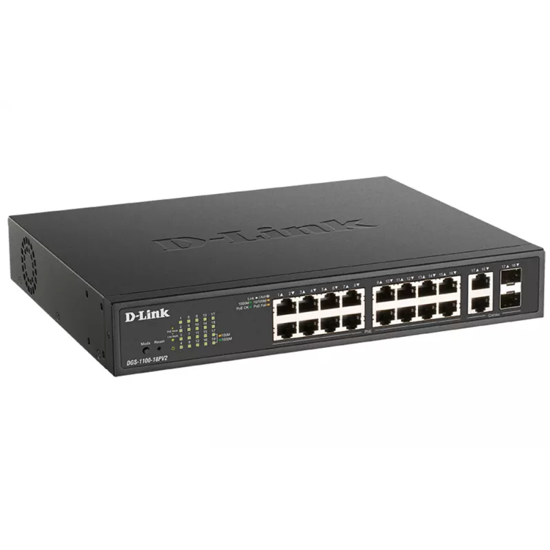 D-Link DGS-1100-18PV2 Switch de red gestionado L2 Gigabit Ethernet (10/100/1000) Power over Ethernet (PoE) 1U negro