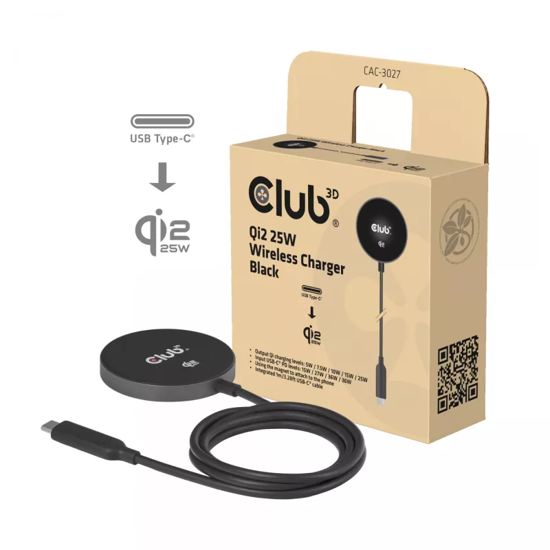 Cargador inalámbrico CLUB3D CAC-3027 Qi2 25W base magnética compatible con MagSafe, cargador DC para interiores, cable de 1 m, negro