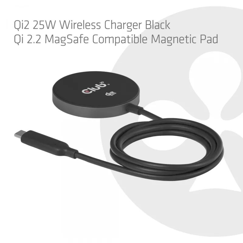 Cargador inalámbrico CLUB3D CAC-3027 Qi2 25W base magnética compatible con MagSafe, cargador DC para interiores, cable de 1 m, negro