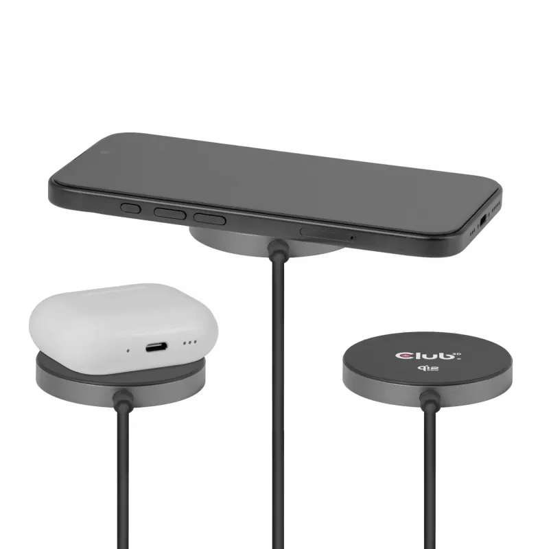 Cargador inalámbrico CLUB3D CAC-3027 Qi2 25W base magnética compatible con MagSafe, cargador DC para interiores, cable de 1 m, negro