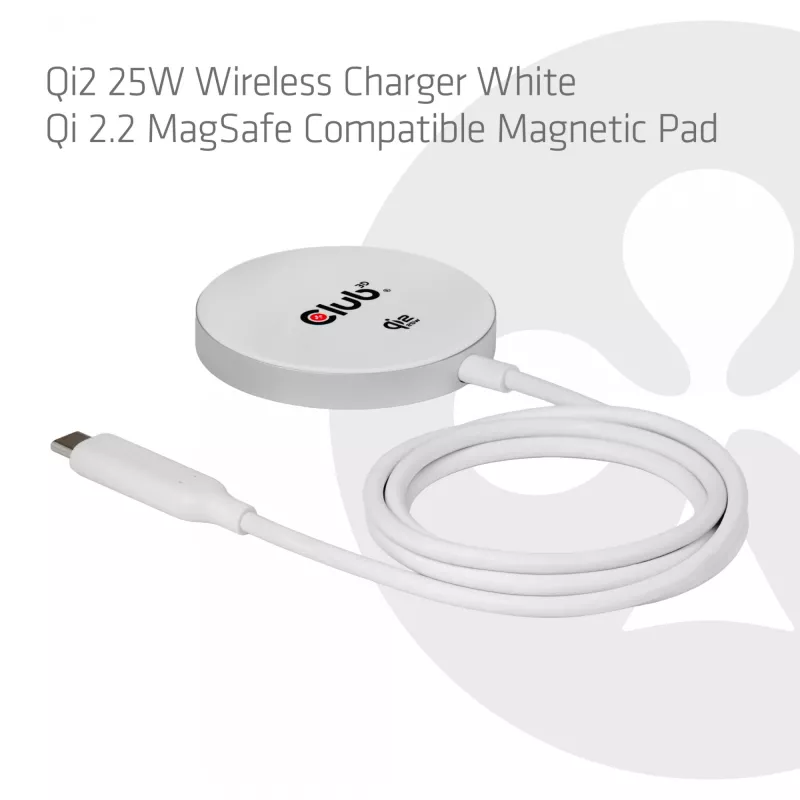 Cargador inalámbrico club 3d CAC-3026 25W Qi2 base magnética, compatible con Qi 2.2 MagSafe, cable de 1 m, blanco