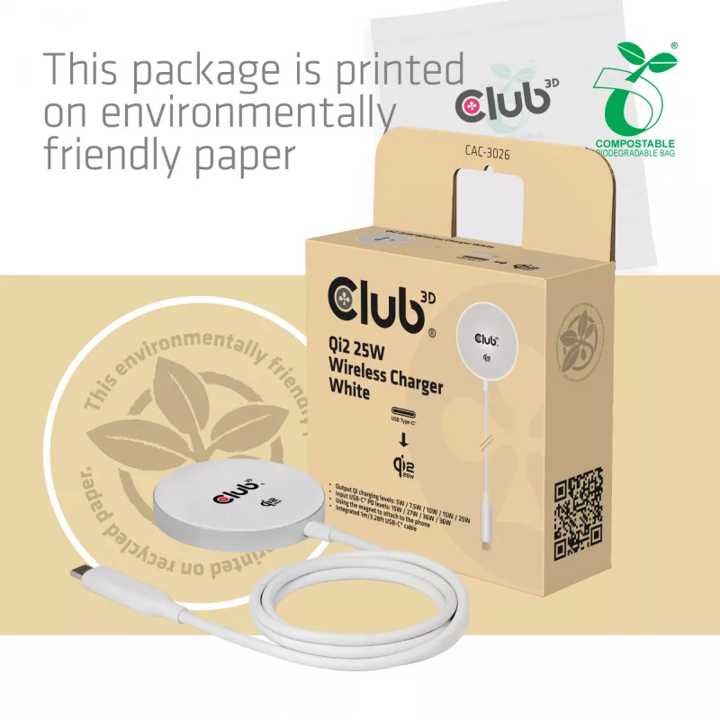 Cargador inalámbrico club 3d CAC-3026 25W Qi2 base magnética, compatible con Qi 2.2 MagSafe, cable de 1 m, blanco