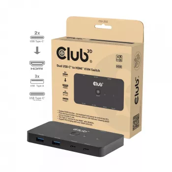 Switch KVM club 3d Dual USB-C a HDMI, 2 puertos, 4K UHD 3840x2160, consola USB-C, 65W PD, negro