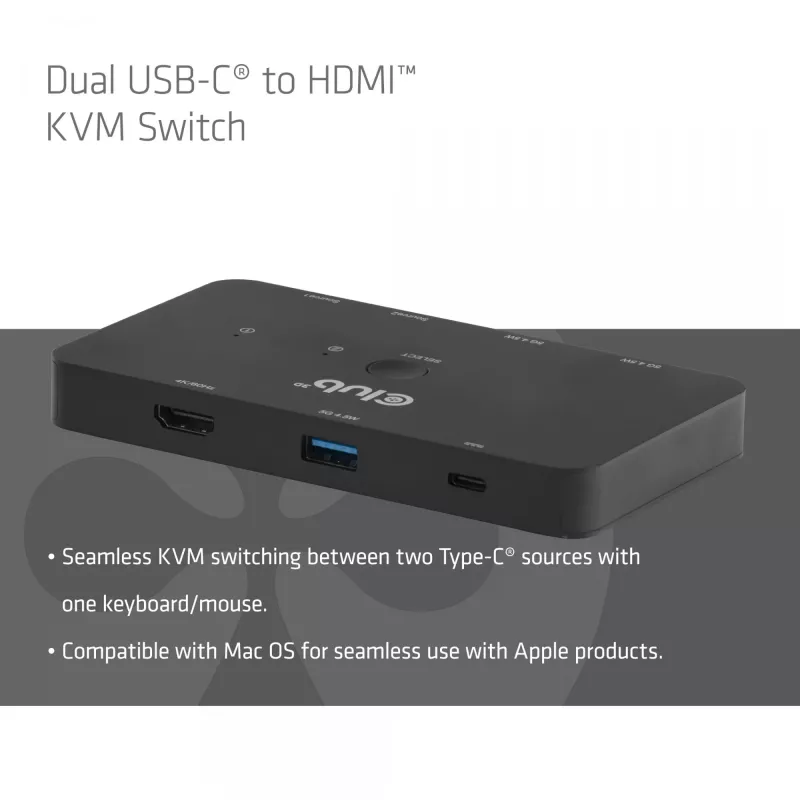 Switch KVM club 3d Dual USB-C a HDMI, 2 puertos, 4K UHD 3840x2160, consola USB-C, 65W PD, negro