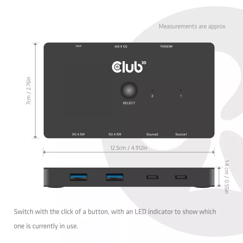 Switch KVM club 3d Dual USB-C a HDMI, 2 puertos, 4K UHD 3840x2160, consola USB-C, 65W PD, negro
