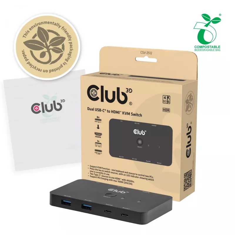 Switch KVM club 3d Dual USB-C a HDMI, 2 puertos, 4K UHD 3840x2160, consola USB-C, 65W PD, negro