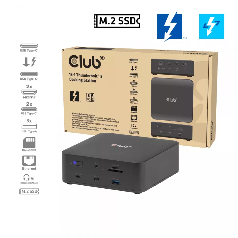 Docking station CLUB3D CSV-2562 Thunderbolt 5, SSD M.2, 2×HDMI 8K60Hz, 180W, 120 Gbit/s