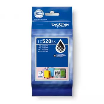 Cartucho de tinta Brother LC528BK — original negro, pack individual, rendimiento aprox. 6000 páginas