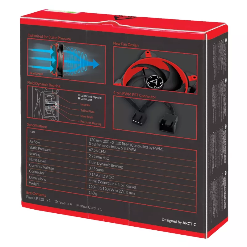ARCTIC BioniX P120 (rojo) – ventilador gaming de 120 mm optimizado para presión con PWM PST
