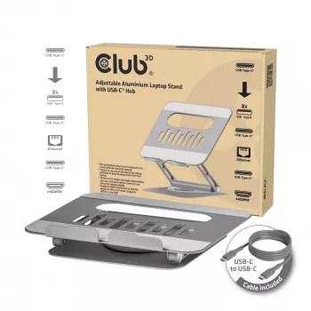 CLUB3D soporte ajustable de aluminio para portátil con concentrador USB-C®, gris, 260 mm, 224 mm, 56 mm, 1,76 kg, 315 mm