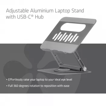 CLUB3D soporte ajustable de aluminio para portátil con concentrador USB-C®, gris, 260 mm, 224 mm, 56 mm, 1,76 kg, 315 mm