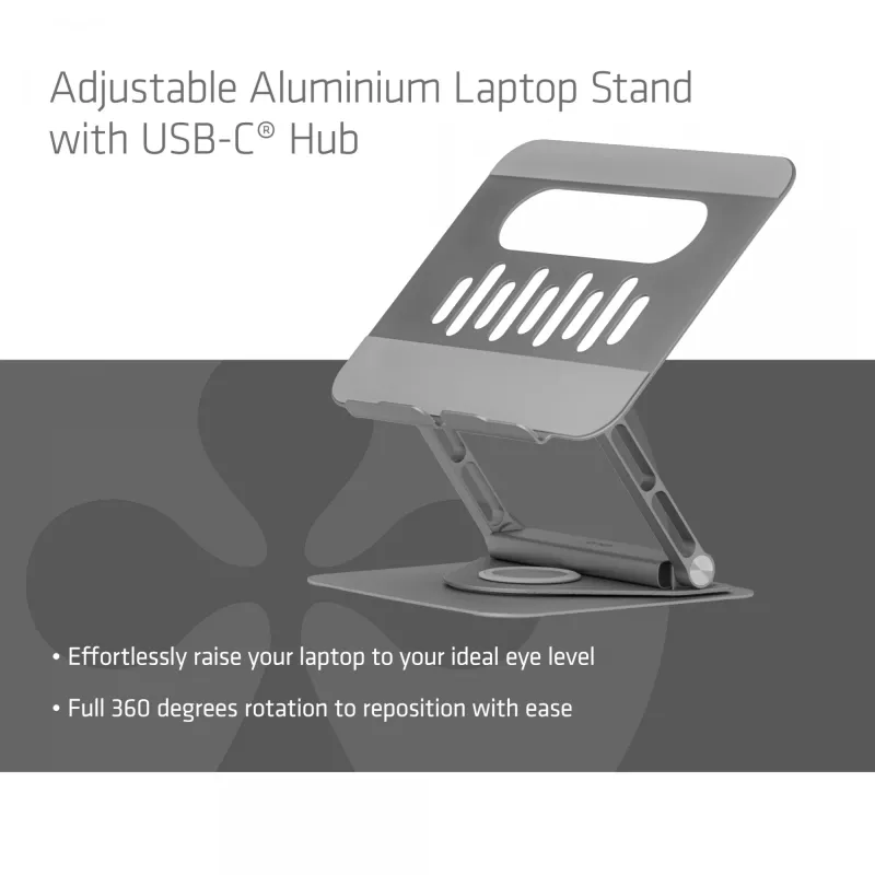 CLUB3D soporte ajustable de aluminio para portátil con concentrador USB-C®, gris, 260 mm, 224 mm, 56 mm, 1,76 kg, 315 mm