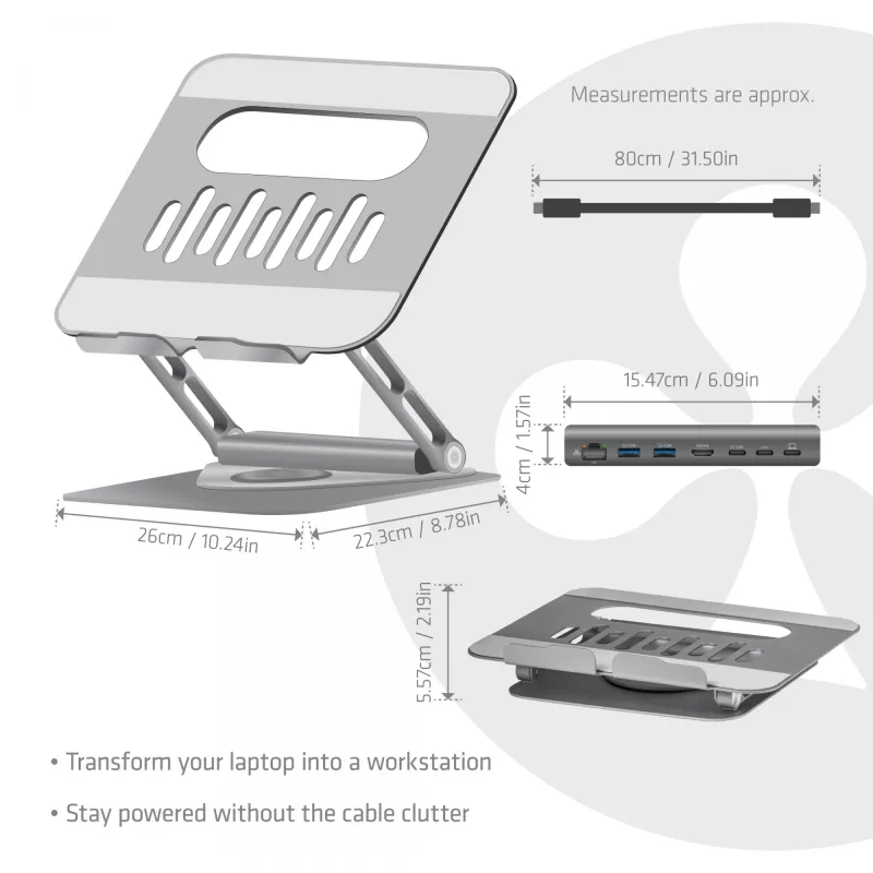 CLUB3D soporte ajustable de aluminio para portátil con concentrador USB-C®, gris, 260 mm, 224 mm, 56 mm, 1,76 kg, 315 mm