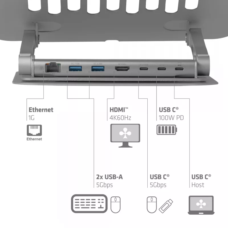 CLUB3D soporte ajustable de aluminio para portátil con concentrador USB-C®, gris, 260 mm, 224 mm, 56 mm, 1,76 kg, 315 mm