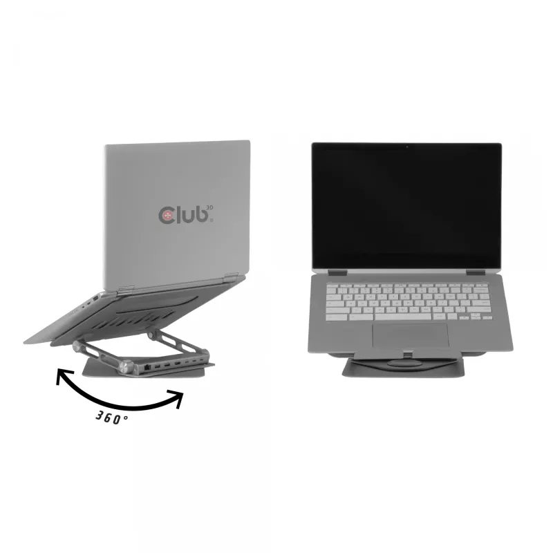CLUB3D soporte ajustable de aluminio para portátil con concentrador USB-C®, gris, 260 mm, 224 mm, 56 mm, 1,76 kg, 315 mm