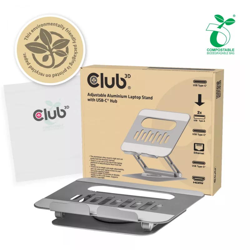 CLUB3D soporte ajustable de aluminio para portátil con concentrador USB-C®, gris, 260 mm, 224 mm, 56 mm, 1,76 kg, 315 mm