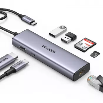 Hub USB-C UGREEN 90568 2 USB 3.0 HDMI RJ45 SD TF PD puerto