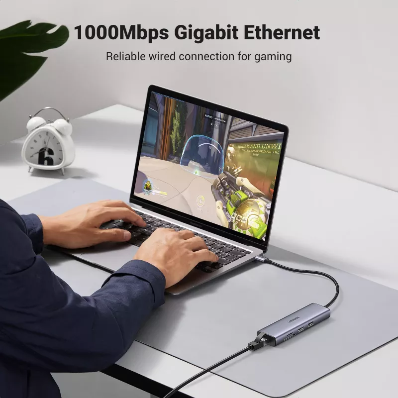 Hub USB-C UGREEN 90568 2 USB 3.0 HDMI RJ45 SD TF PD puerto