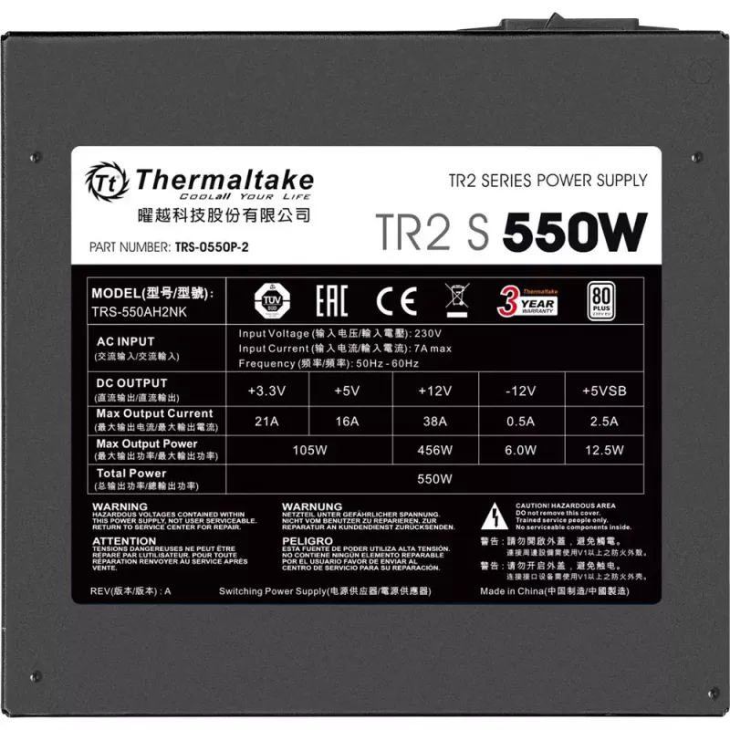 Fuente de alimentación THERMALTAKE TR2 S 550W, ATX, 20+4 pines, 80 PLUS, ventilador de 120 mm, negro