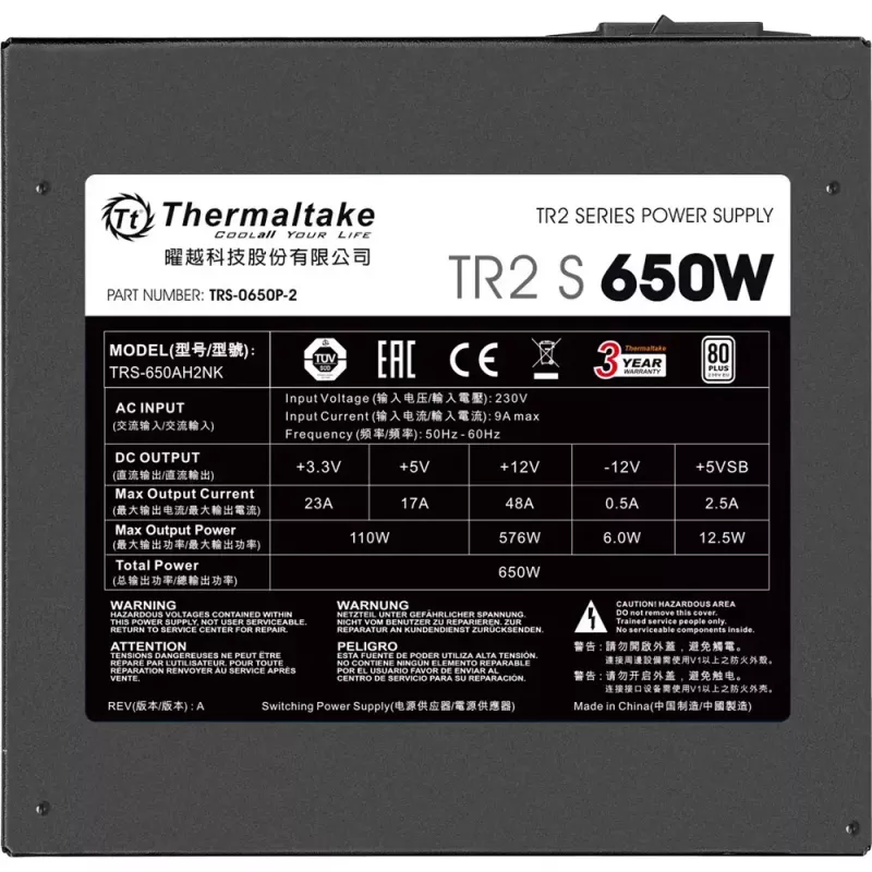 Fuente de alimentación Thermaltake TR2 S 650W – ATX, 20+4 pines, 80 PLUS, ventilador de 120 mm, negro