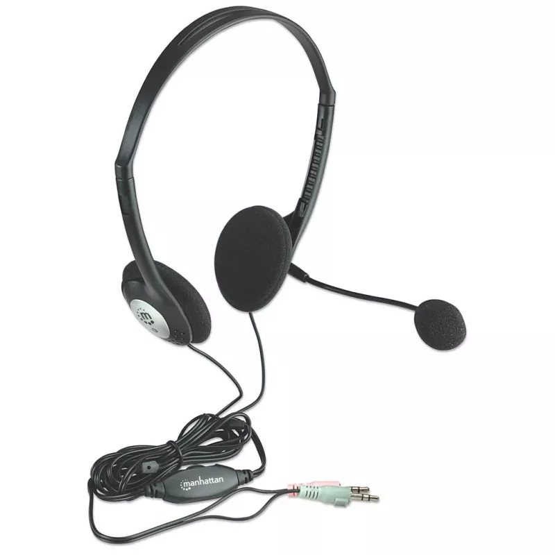 Auriculares estéreo on-ear Manhattan (3,5 mm), varilla de micrófono, control de volumen en línea, almohadillas de espuma, 2 conectores jack estéreo de 3,5 mm estándar para uso de audio/micrófono, cable de 2 m, negro, tres años de garantía