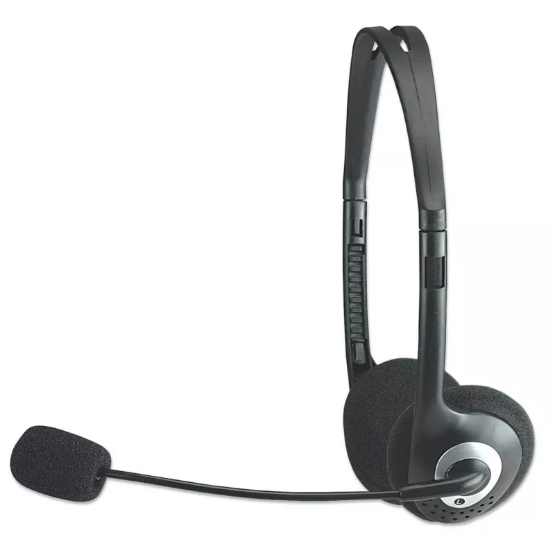 Auriculares estéreo on-ear Manhattan (3,5 mm), varilla de micrófono, control de volumen en línea, almohadillas de espuma, 2 conectores jack estéreo de 3,5 mm estándar para uso de audio/micrófono, cable de 2 m, negro, tres años de garantía