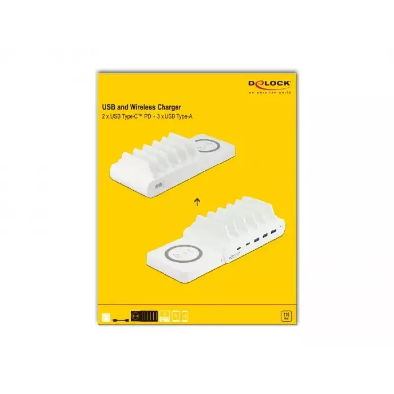 Cargador de sobremesa DeLOCK USB y carga inalámbrica 2 x USB Type-C PD + 3 x USB Type-A con 110 W