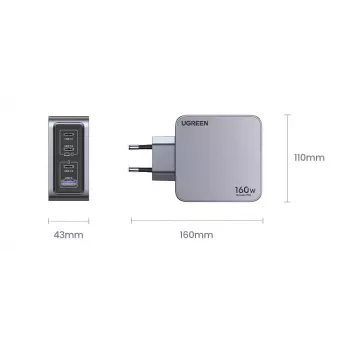 Cargador Ugreen Nexode Pro 160W GaN con cable USB-C universal negro, gris AC carga rápida para interiores
