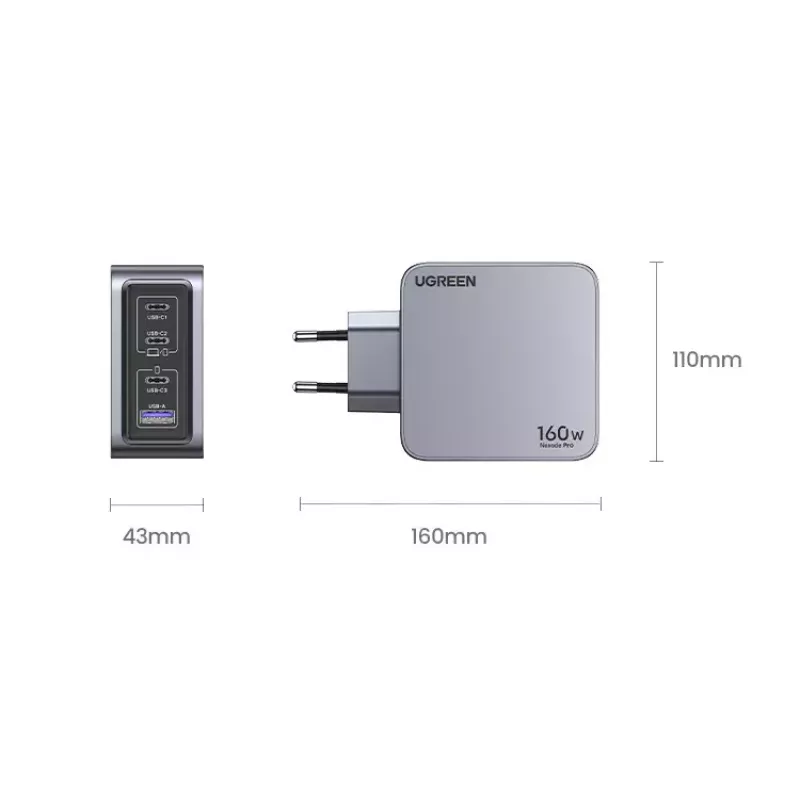 Cargador Ugreen Nexode Pro 160W GaN con cable USB-C universal negro, gris AC carga rápida para interiores