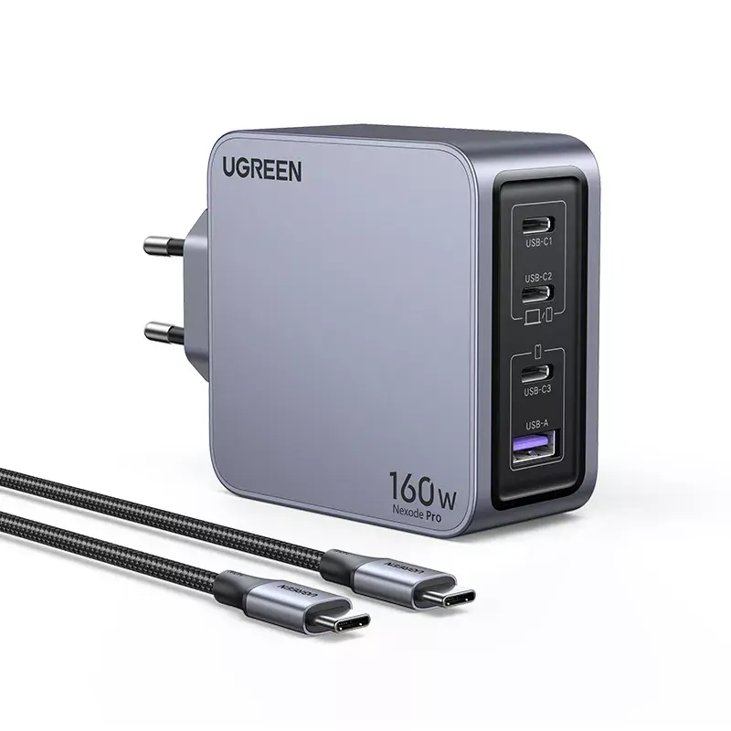 Cargador Ugreen Nexode Pro 160W GaN con cable USB-C universal negro, gris AC carga rápida para interiores