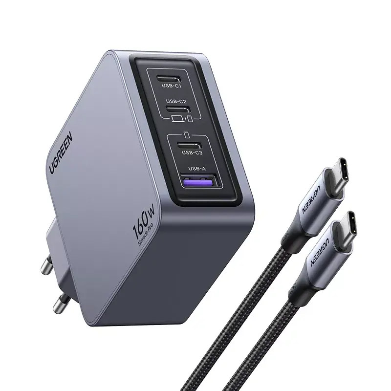 Cargador Ugreen Nexode Pro 160W GaN con cable USB-C universal negro, gris AC carga rápida para interiores