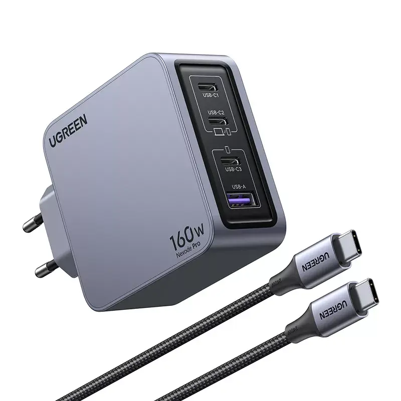 Cargador Ugreen Nexode Pro 160W GaN con cable USB-C universal negro, gris AC carga rápida para interiores