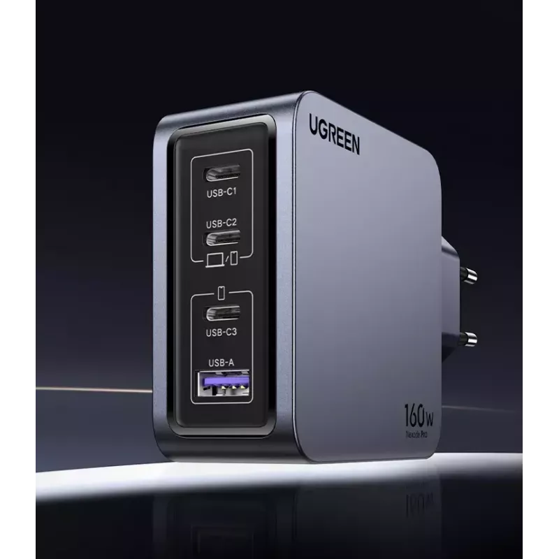 Cargador Ugreen Nexode Pro 160W GaN con cable USB-C universal negro, gris AC carga rápida para interiores