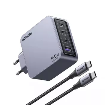 Cargador Ugreen Nexode Pro 160W GaN con cable USB-C universal negro, gris AC carga rápida para interiores